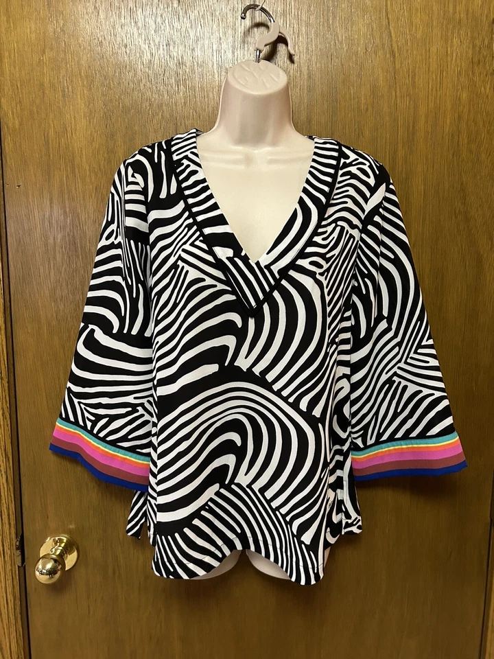 TRINA TURK X INC sz M Top Blouse Zebra Print Rainbow Trim BLACK/WHITE Z24 - Image 3 of 4