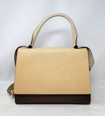 Max Mara J Bag Cream Brown Leather Top Handle Large Shoulder Hand Bag Authentic