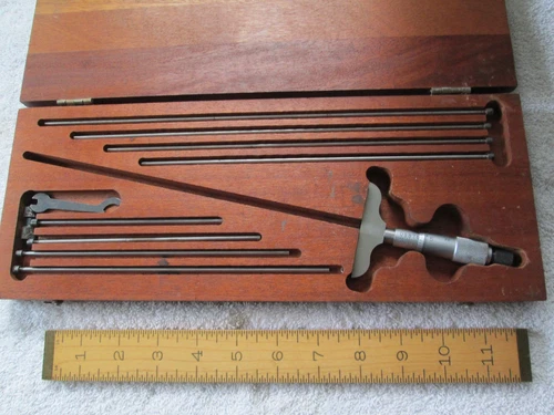 Starrett 449 Depth  Microm. w/Case (2 1/2"Base) - 8 Rods (5" to 12" L) - Exc.