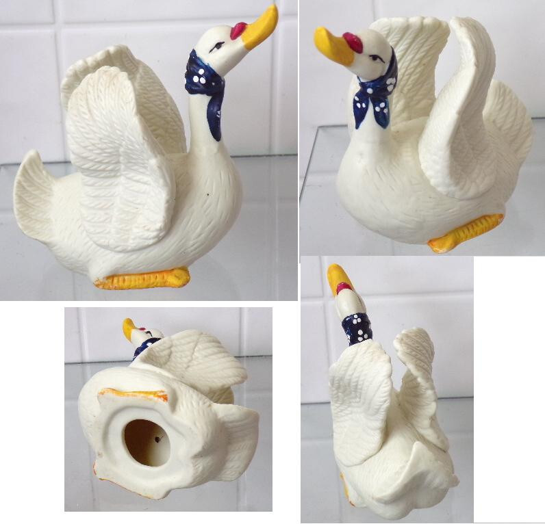 Vintage Ceramic Goose Figurine w/ Wings Up Wearing Blue Scarf Collectable
