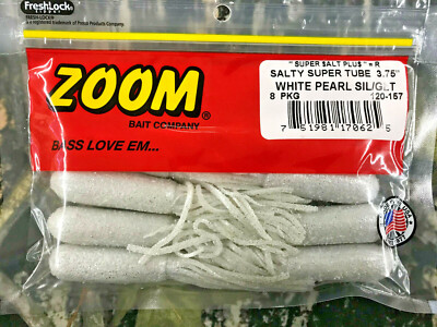 SOFT PLASTIC FISHING BAIT SALTY SUPER TUBE 3.75/" ZOOM WHITE PEARL SIL//GLT