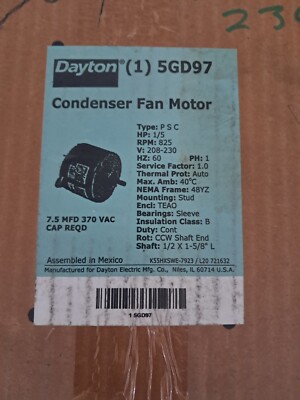 Dayton Condenser Fan Motor 5GD97, 1/5 HP, 825 RPM - NEW IN BOX
