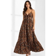 Gap Floral Tiered Maxi Dress Medium Rust Orange Black Tie Front Smocked Back
