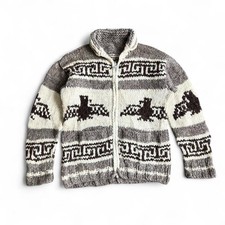 Herren Vintage 70er Cowichan Thunderbird creme braun Wolle Rei&szlig;verschluss Strickjacke