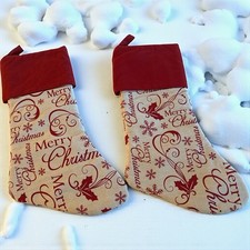 Tan  Red Christmas Stockings Merry Christmas Swirly Snowflakes Set Of 2 19  -