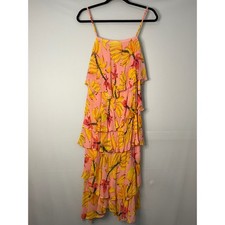 Farm Rio Banana Floral Tiered Maxi Dress Pink Yellow Strappy XS