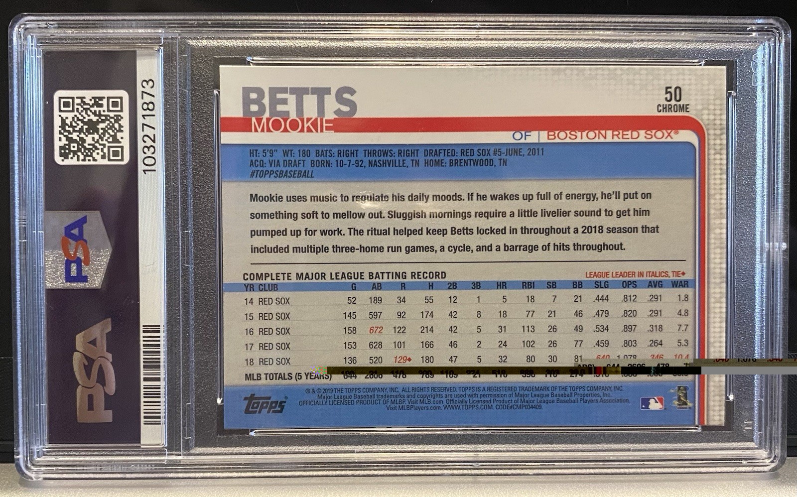 2019 Topps Chrome Mookie Betts Lifting Medicine Ball Variation Refractor PSA 10 view 2