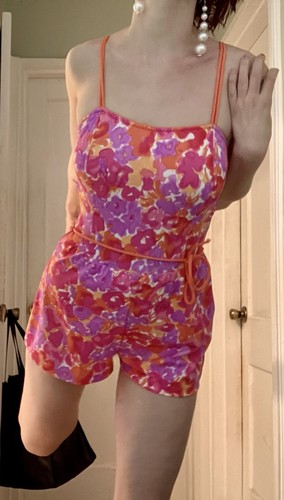 Vintage 70s Pink Orange Floral One Piece Romper Swimsuit made in USA Size Medium