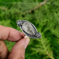 Black Rutilated Quartz Stone Flower Solitaire Ring Jewelry 925 Sterling Silver