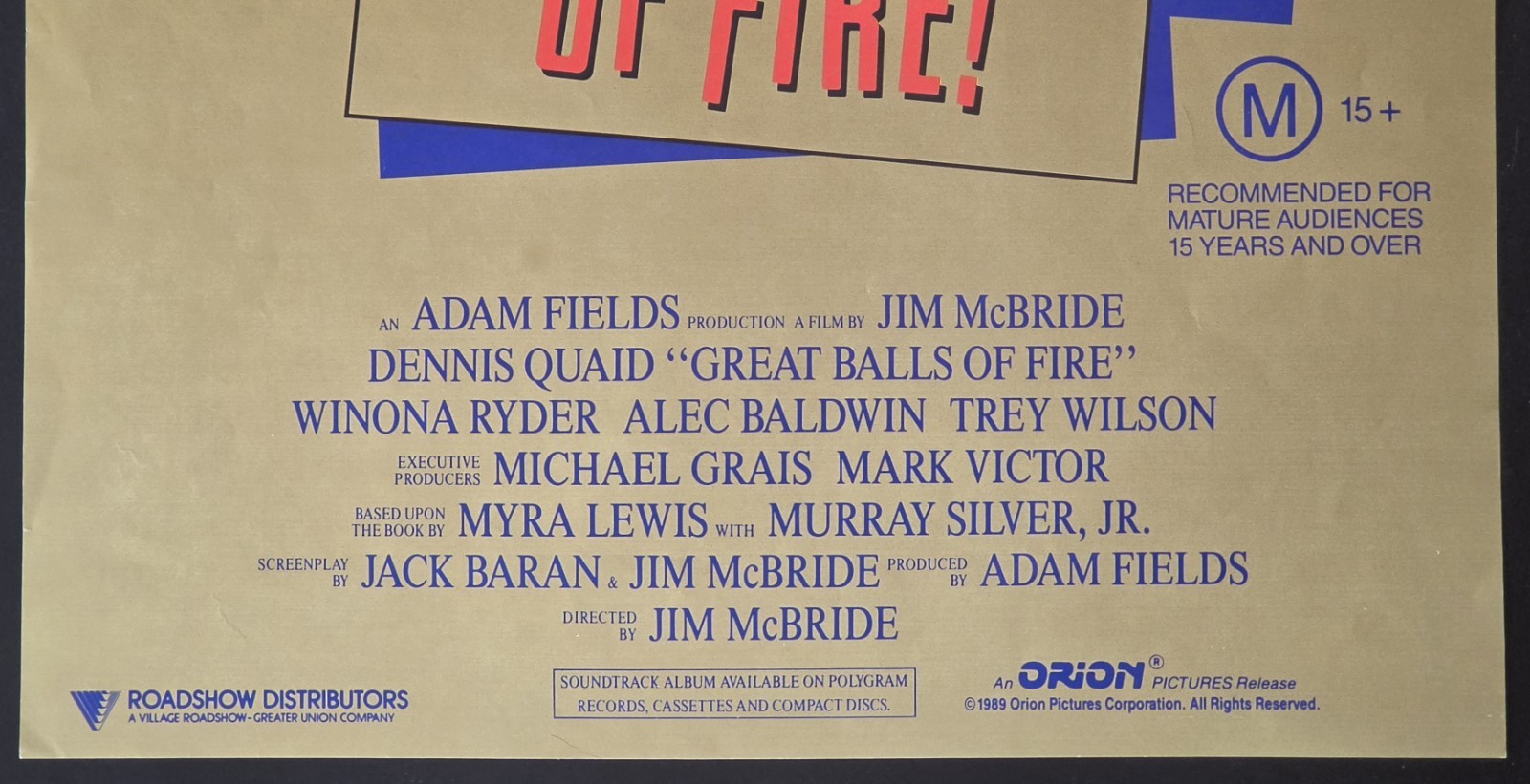1989 Great Balls of Fire Original Australian Daybill Movie Poster Dennis Quaid image 3