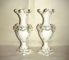PAIR ITALY BUD VASES 9" APPLIED FLOWERS ITALIAN HEAVY WHITE PORCELAIN GOLD TRIM