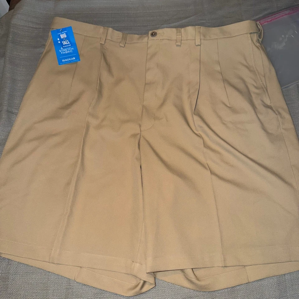 Haggar Mens Cool 18 Pro Expandable Waist Pleated Shorts Khaki Big Tall 48W - Image 2 of 4