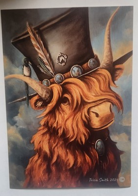 ART PRINT~~HIGHLAND COW~~MAGPIE Bird~Tophat~Silver HORSE pin~Whimsical~Steampunk