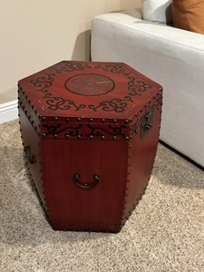 Chinese Hexagonal Wooden Chest Red Black Decorative Hardware Motifs