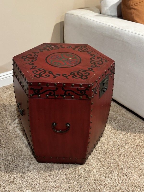 Chinese Hexagonal Wooden Chest Red Black Decorative Hardware Motifs