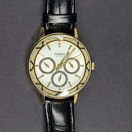 Casio Ladies' Enticer Watch LTP-2087 Gold w/ Black Leather Band