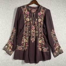 Johnny Was FABIO Tunic top sz M embroidered floral brown 3/4 sleeve button  tie