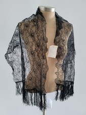 Antique Black Chantilly Lace Mantilla Shawl Wrap Stole Made In Barcelona