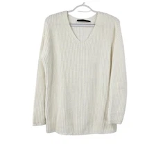 Jenni Kayne Sweater White Rib Knit Oversized V-neck Long Sleeve Pullover Sz XS 