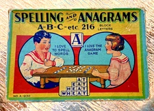 Vintage 1930 SPELLING and ANAGRAMS Game, Great Colorful Box Children Graphic  