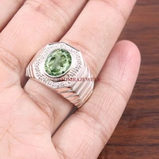 Natural Green Amethyst Gemstone With 14K White Gold Plated Silver Mens Ring #383