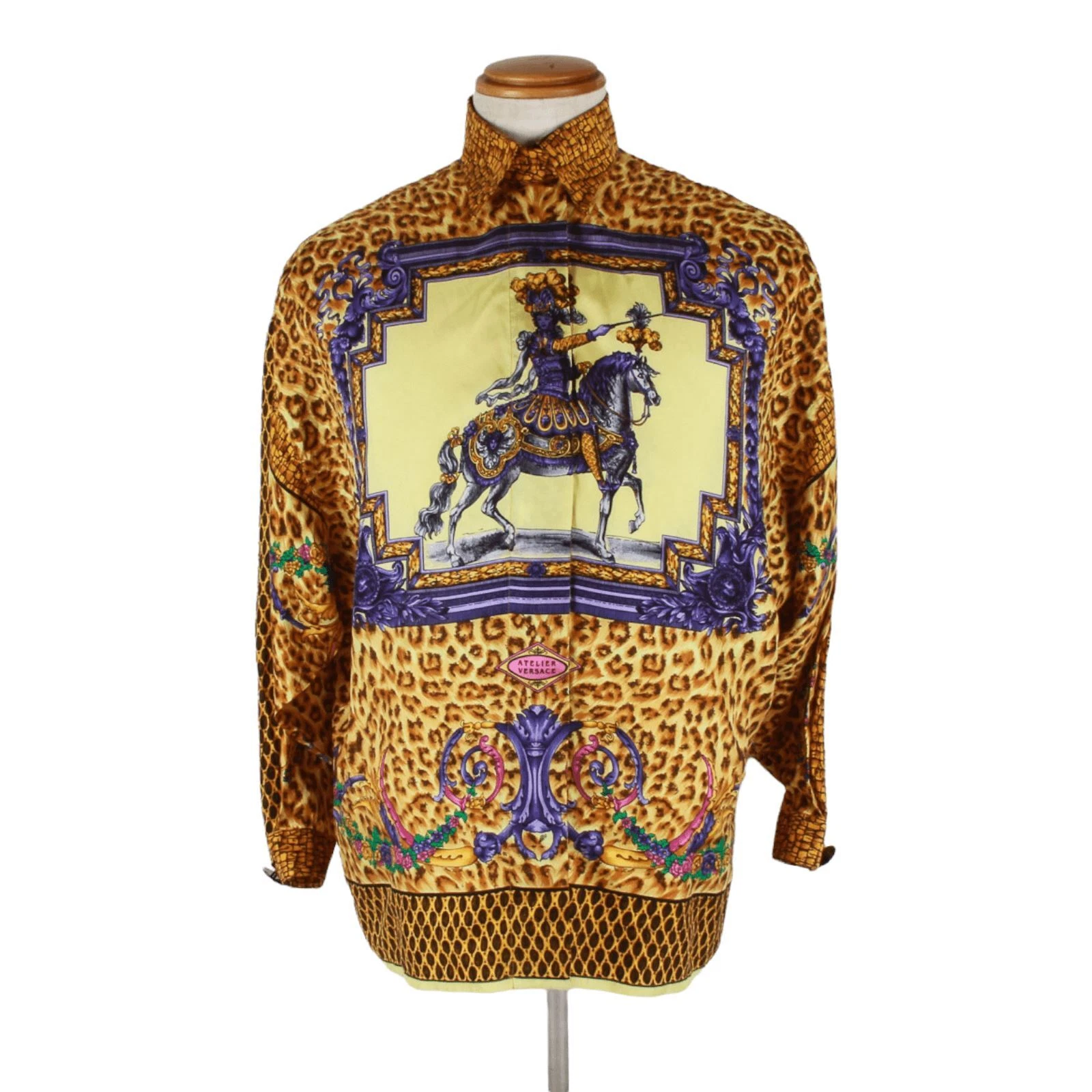 Versace — Authentic Versace Gold Baroque and Leopard Print Silk Blouse With Equestrian rid