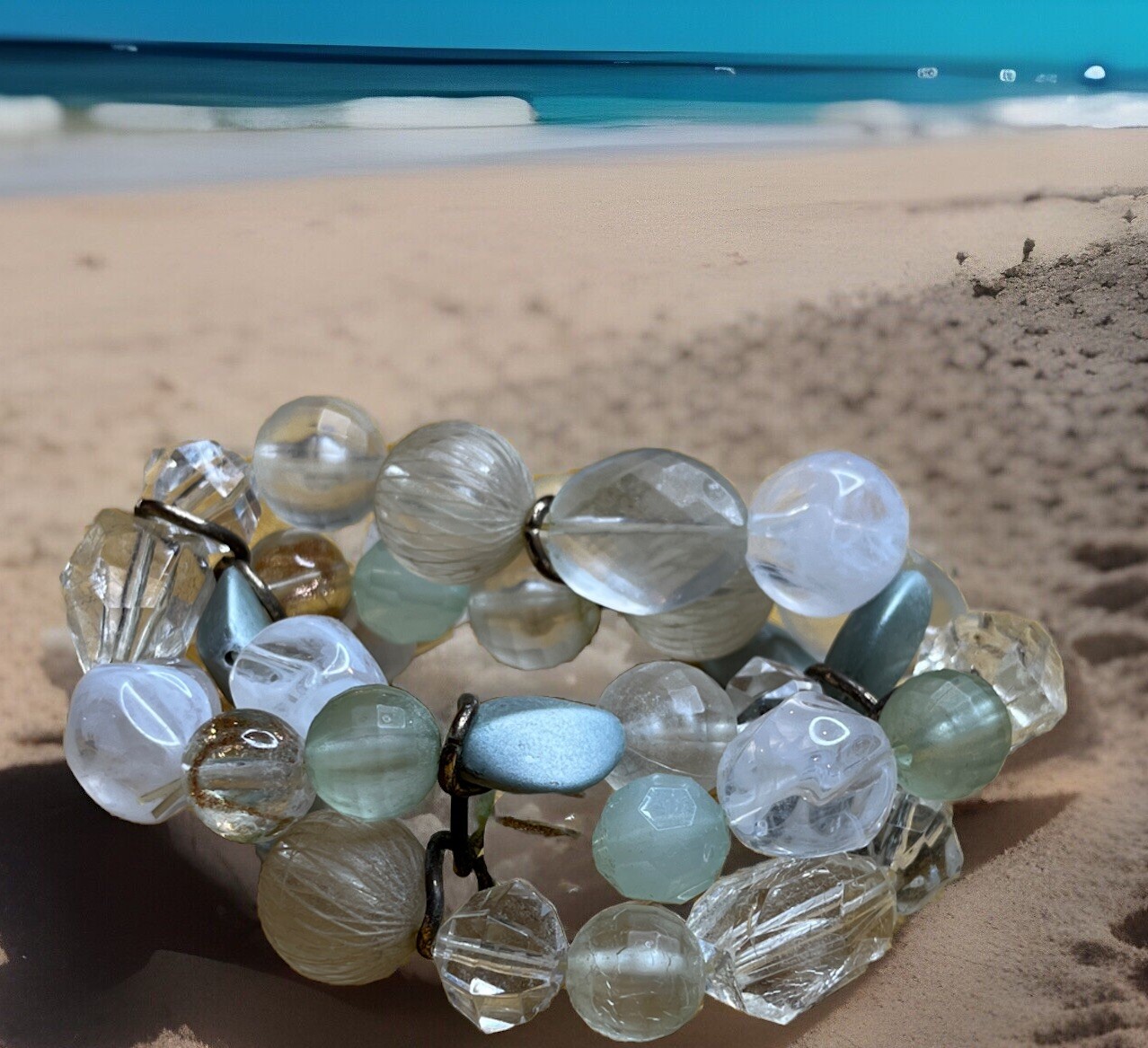 Triple Stack Beaded Stretch Bracelet Blue & Turqu… - image 5