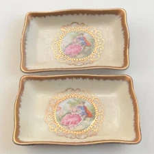 Lefton Gold Trim Pink Dress Woman Porcelain Trinket Tray Lot Of 2 Pieces