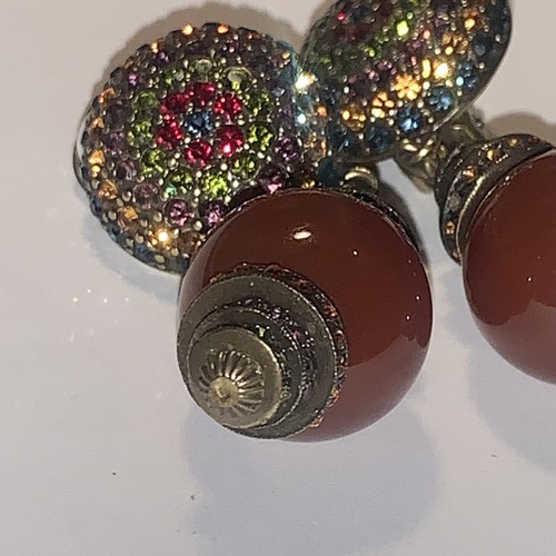 Vintage Heidi Daus Earrings Multicolored Rhinestone Red Carnelian Round Clip On - Picture 7 of 18