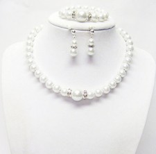 15  White Glass Pearl Necklace/Bracelet/Earrings Set for Little Girl