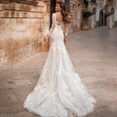 Romantic Lace Mermaid Wedding Dress Applique Small Tail Bridal Gowns  Buttons | eBay