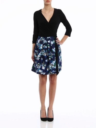 Diane Von Furstenberg Sz 12 L Black Navy Mikado Floral Jewel Wrap Dress Silk DVF