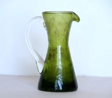 Vintage Green Crakle Glass Mid Century Mini Pitcher Bud Vase With Handle 4 Inch