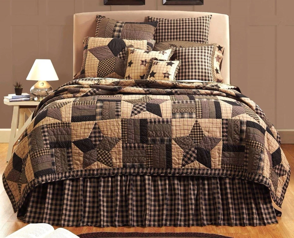 Edredón Bingham Star King cosido a mano negro y tostado Country Strip bloque retazos Foto 2 de 4