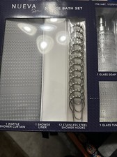 Nueva Spa 5 Piece Bath Set, Curtain, Liner, Hooks, Soap Pump, Tumbler- Grey