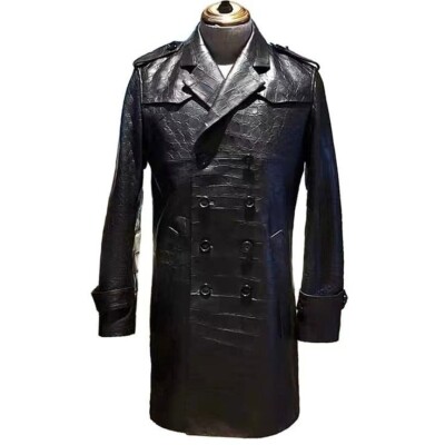 Men's Black Real Leather Crocodile Overcoat Alligator Print Double breasted Coat