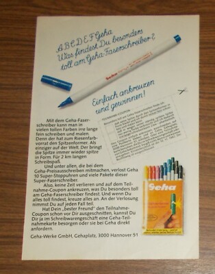 Rare Advertising GEHA FIBRE PEN - Writes 2 Miles Long 1982