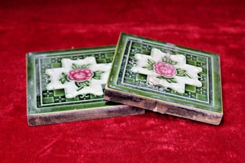 2 Pc Old Vintage Ceramic Floor Wall Tiles Home Garden Decor Collectible - Picture 3 of 4