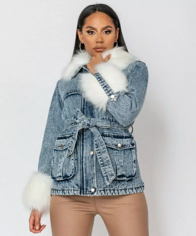 women denim jacket fur .