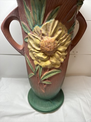 Vtg Roseville Pottery ca .1942 Pink Peony Pattern Handled Floor Vase # 69-15” - Picture 15 of 15