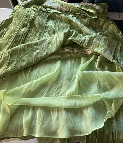 Lounge Midi Skirt Sz 16 Crushed Satin Drop Waist Lace Tiered Lined Boho Green - Picture 10 of 11