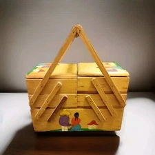 Vintage Hand Painted Wood Sewing Storage Jewelry Box Mexico 3 Tier