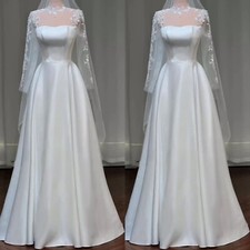 Satin Elegant Wedding Dresses Long Lace Sleeves A Line Vintage Bridal Gowns