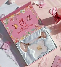 Rose Quartz Crystal Roller Facial Therapy Natural Gua Sha Gem Stone Marble Set
