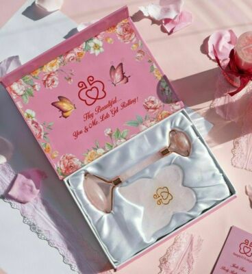 Rose Quartz Crystal Roller Facial Therapy + Natural Gua Sha Gem Stone Marble Set