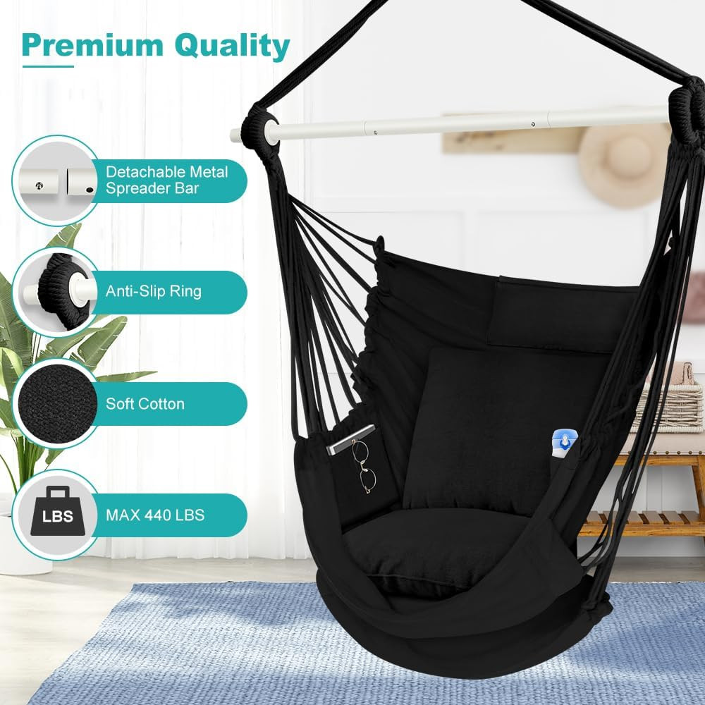 Hammock Chair, Hanging Chair with 3 Cushions and Foot Rest Support, Sturdy Metal