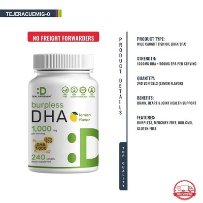 DHA 1000mg EPA 500mg Omega-3 Sabor Limón 240 Cápsulas Blandas Sin OGM NEW