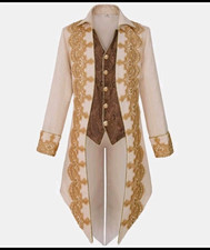 Embroidered Medieval Gothic Beige Beige Tailcoat Long Coat Costume/ XL SIZE