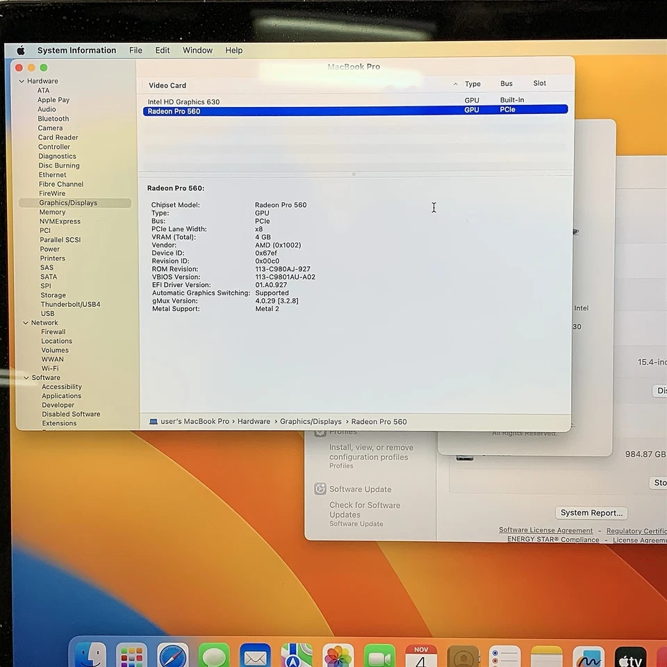 Apple MacBook Pro A1707 i7 7920HQ 3.1GHZ 15" 16GB 1TB OSX Ventura *BAD BATTERY - Image 4 of 4