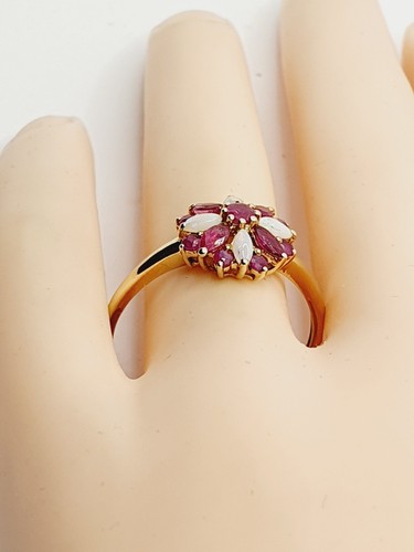 QVC Beautiful 9ct Ruby Opal Marquise Cluster Flower Yellow Gold 375 Ring Size V - Picture 17 of 24